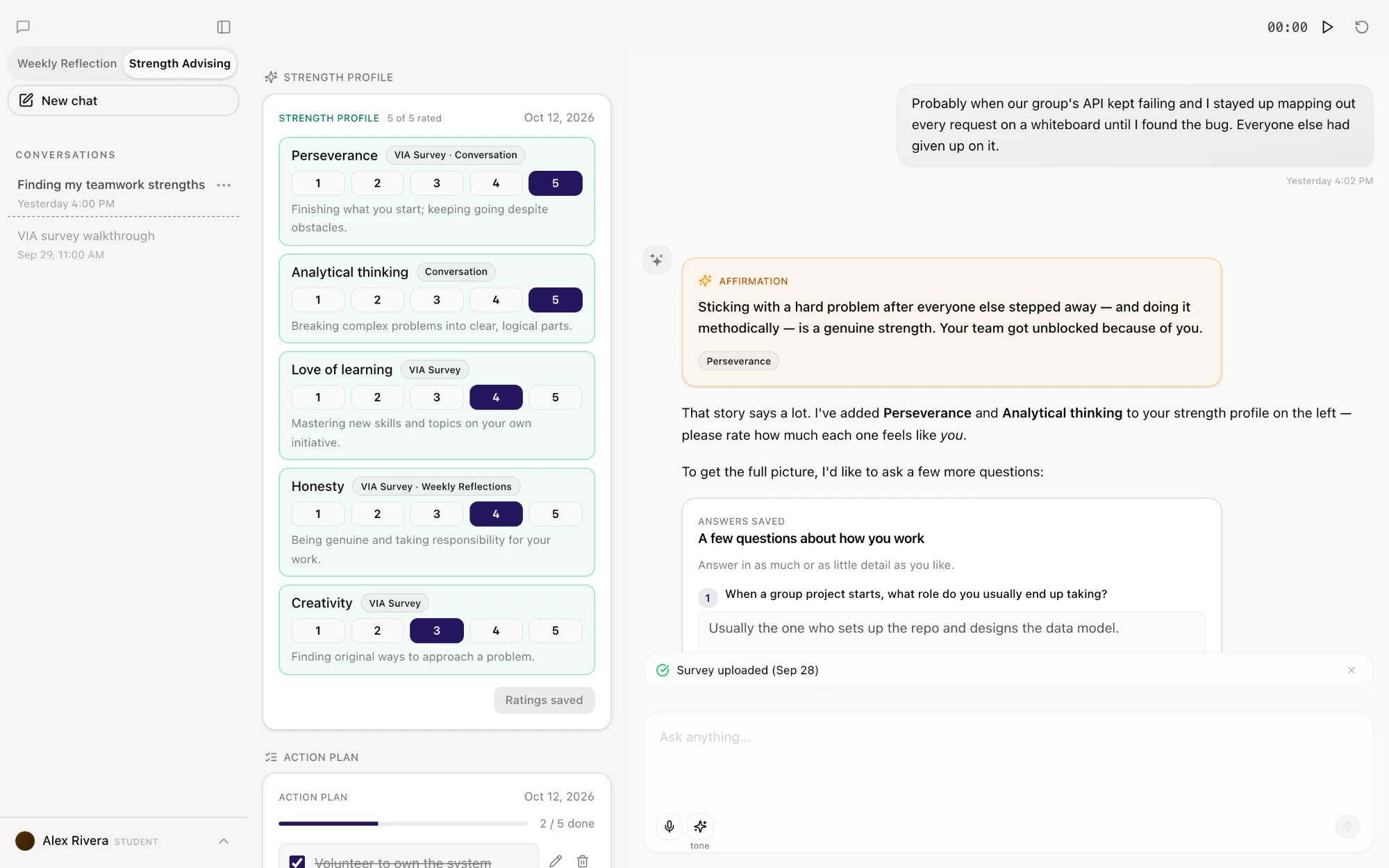 Student strength advising chat with a strength profile panel