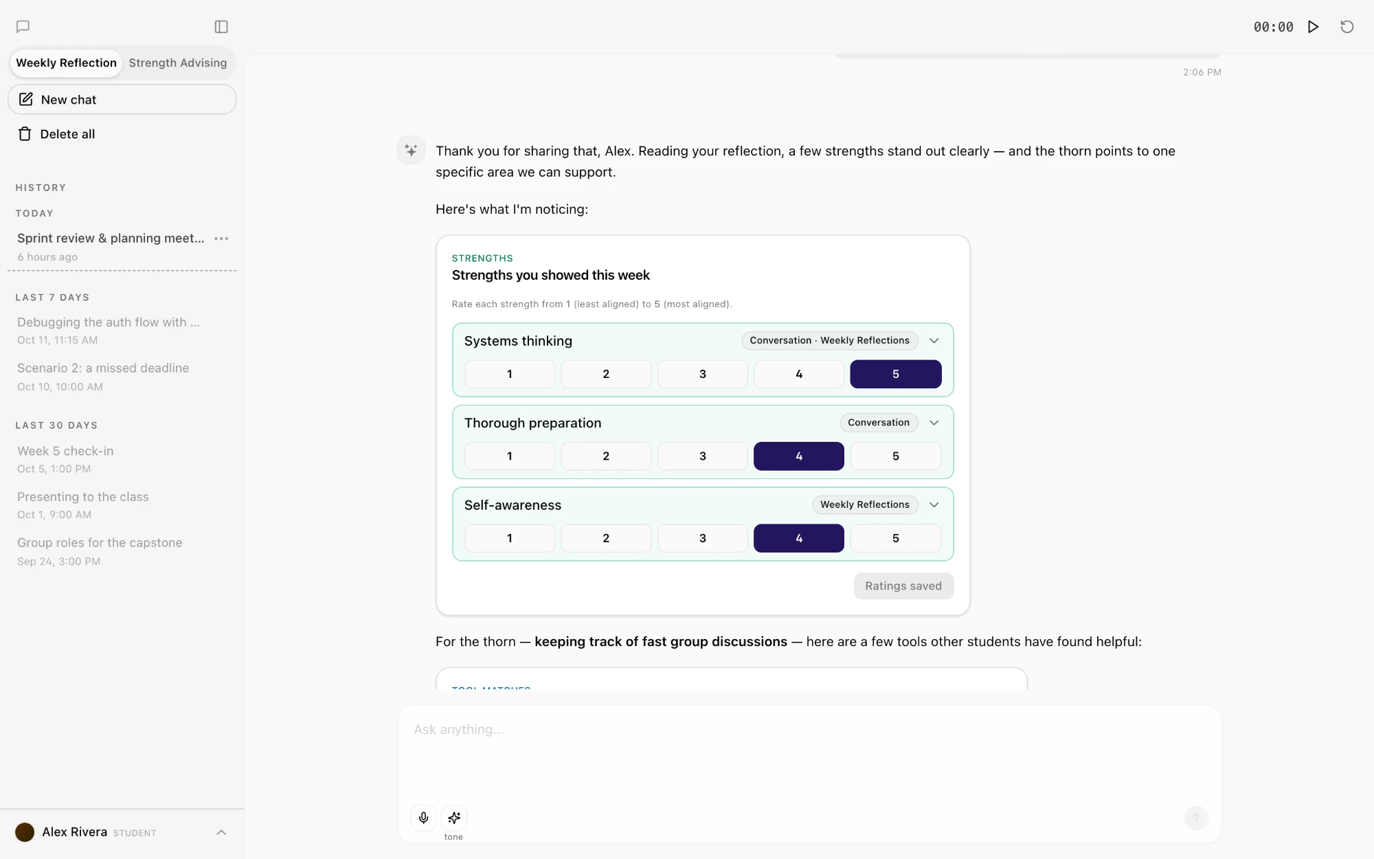 Student weekly reflection chat with a strengths rating widget