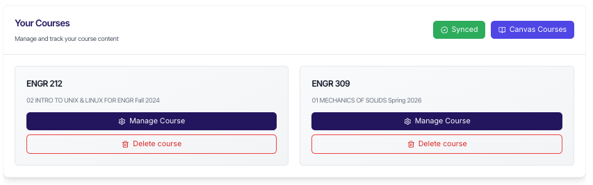 AICO course list synced from Canvas