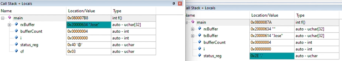 Debugger views of both boards